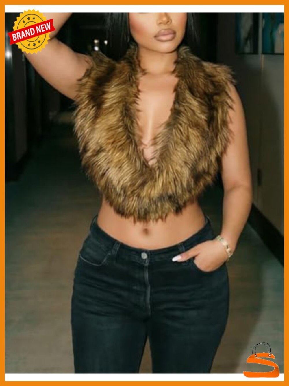 Faux Fur Halter Crop Top Sleeveless Open Back Tie Backless Vest Shaggy Waistcoat - Picture 4 of 6